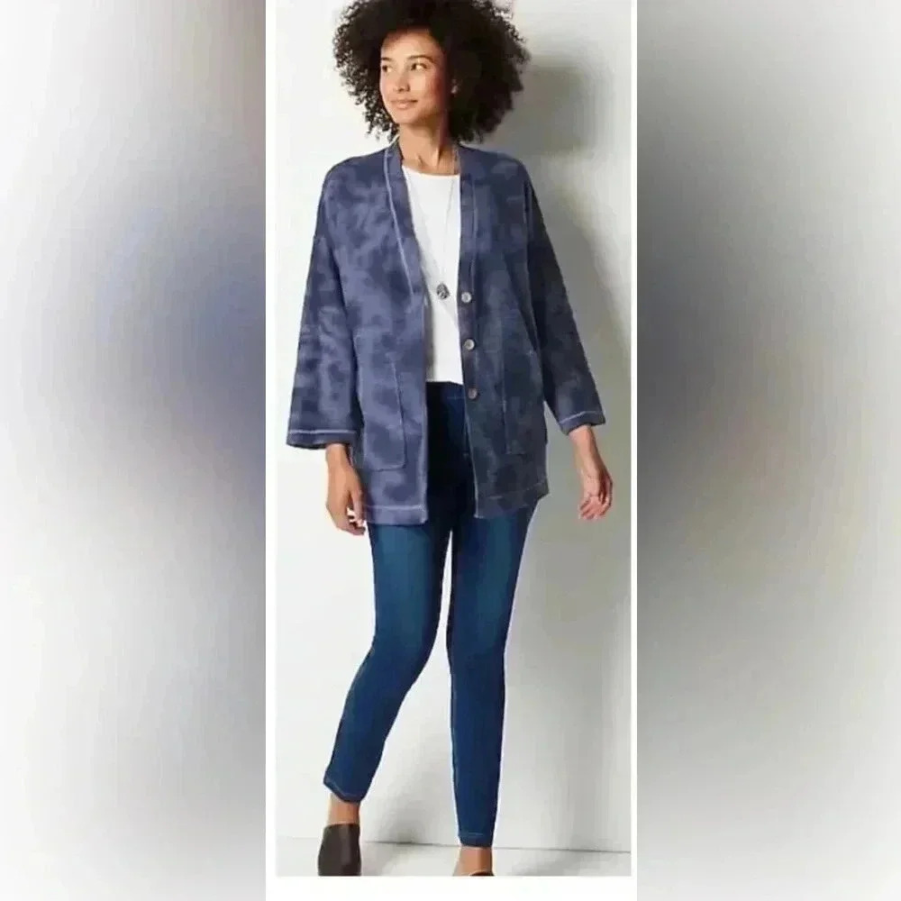 J. Jill Hand Tied & Dyed Blue Cotton Oversized V Neck Buttons Cardigan Sweater
